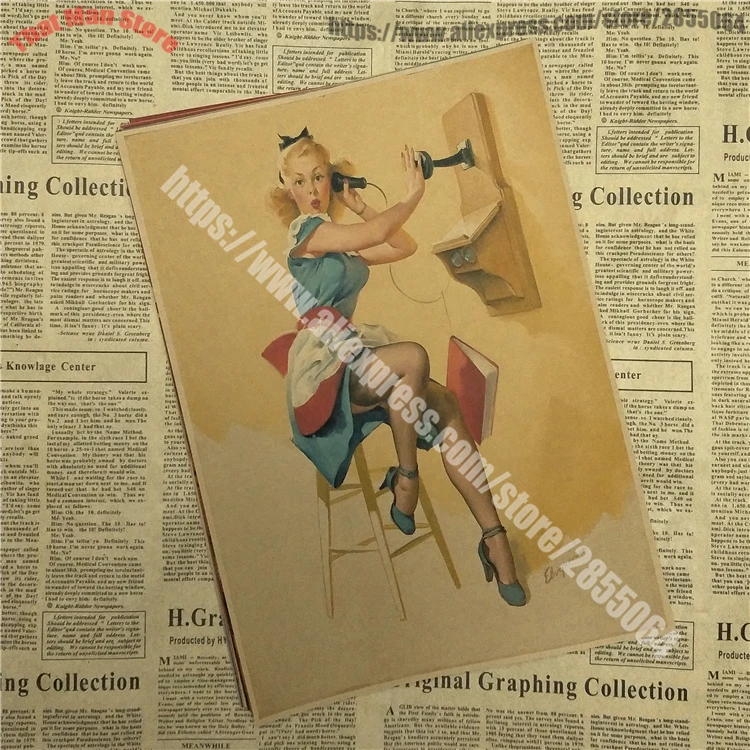 PINUP девушки Второй мировой войны оберточная бумага в винтажном стиле Классический плакат Бар Кафе гостиная столовая настенные декоративные картины часть 3 - Цвет: Красный