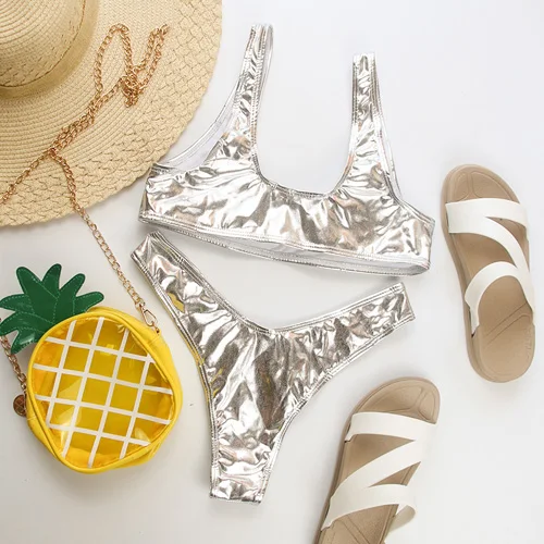 Silver Bikini Megartico женский купальник цельный золотые стринги бикини Набор Купальники Бразильский Серебряный глубокий v-образный вырез открытая спина трикини сексуальный mujer - Цвет: Silver Bikini