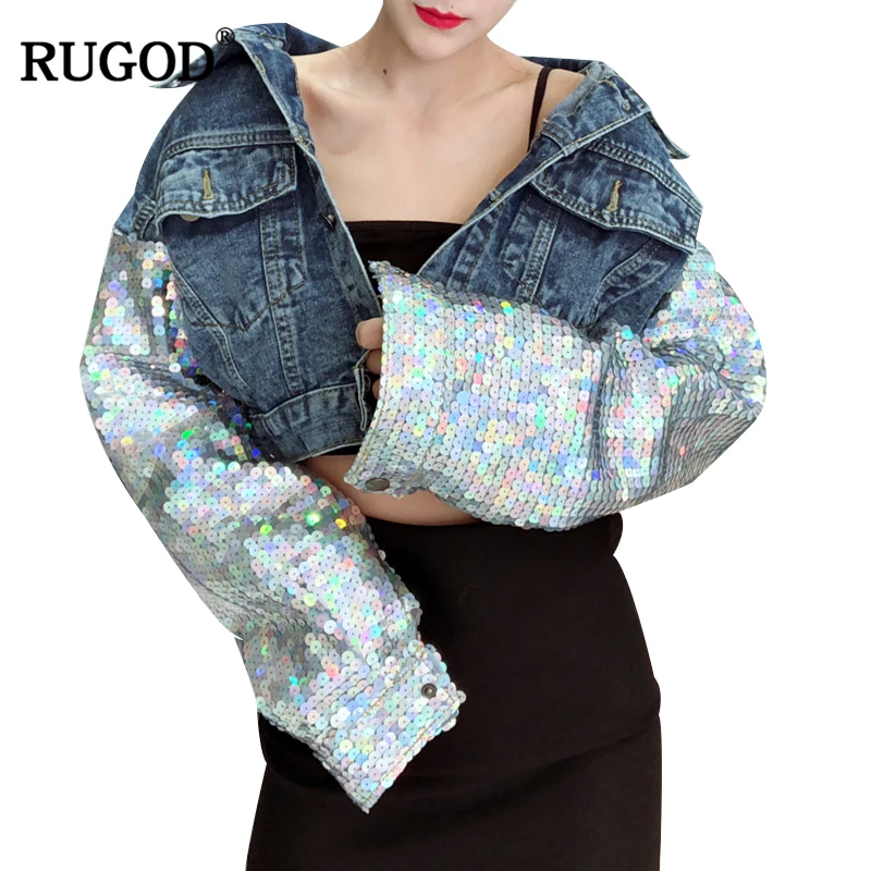

Женская короткая куртка RUGOD, винтажная однобортная Свободная куртка с отложным воротником и блестками, 2019