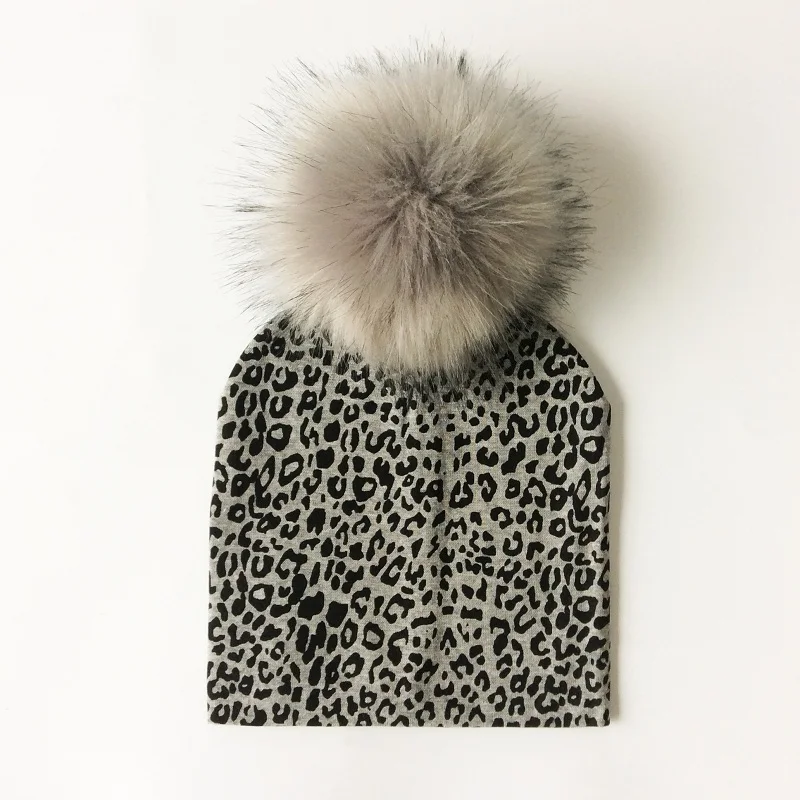 grey leopard Детская шапка, хлопковая шапка с помпоном и принтом для детей, зимняя шапка для мальчиков, детские шапки для девочек, детские шапки - Цвет: grey leopard