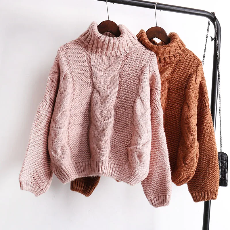 Sweaters Women's Autumn Winter Thickened Knits Korean Style Turtlenek Neck Short Wear Lazy Wind Pullover Tops Beige Brown | Женская