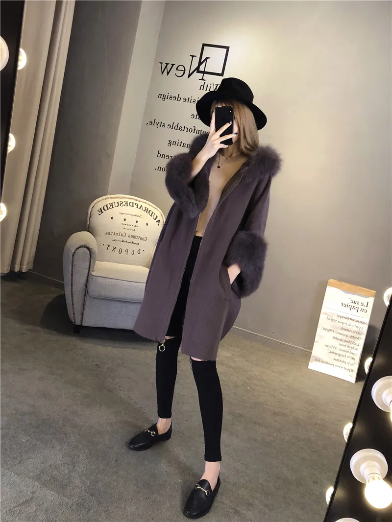 High Quality Women Real Fox Fur Hooded Cardigan Mink Cashmere Zipper Long Sleeve Winter Autumn Warm Kintted Coat |