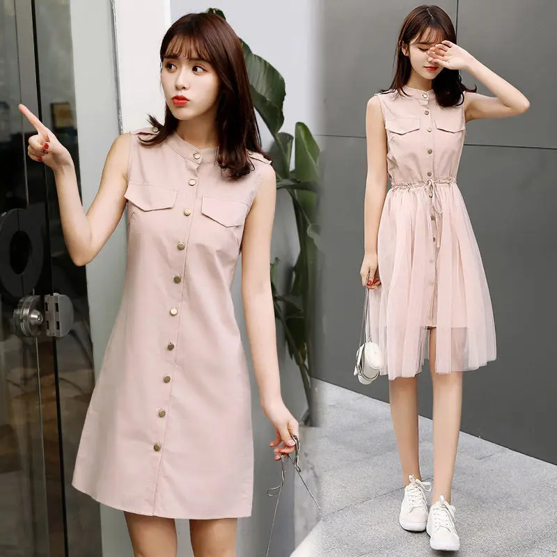 Женское длинное Сетчатое платье-рубашка однобортное без рукавов в стиле пэчворк