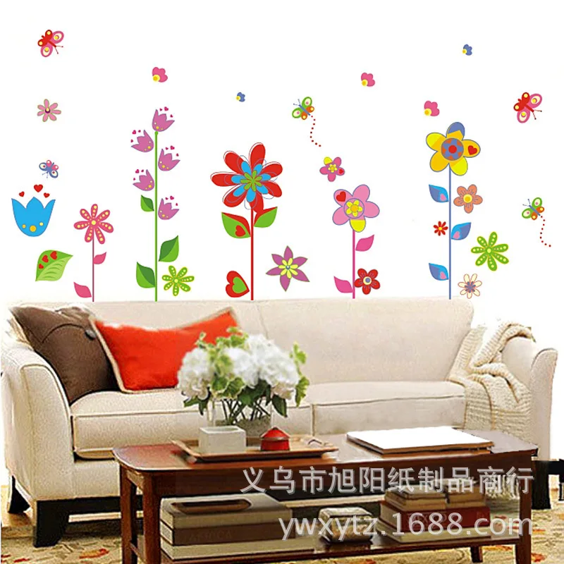 Cartoon flowers and butterflies Wall Stickers for sitting room Removable Poster Vivid Wallpaper | Дом и сад
