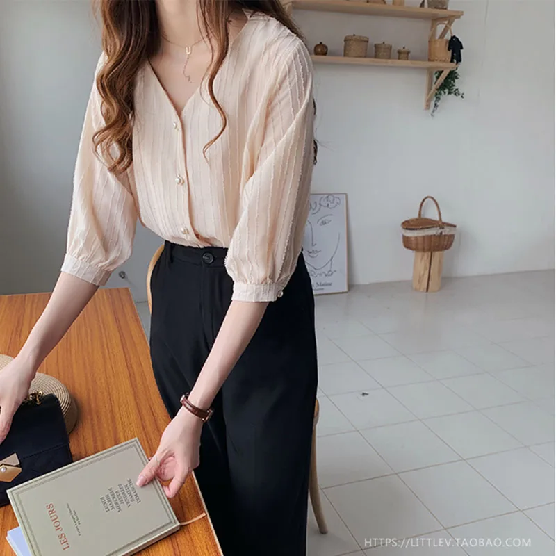 Женская шифоновая блузка с V-образным вырезом свободного покроя | одежда