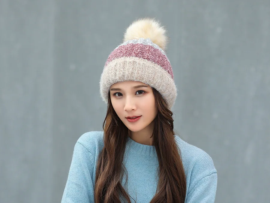 Ymsaid,, зимняя утолщенная теплая шапка Skullies для женщин, шерстяные вязаные шапочки, шапка в стиле пэчворк, модный головной убор