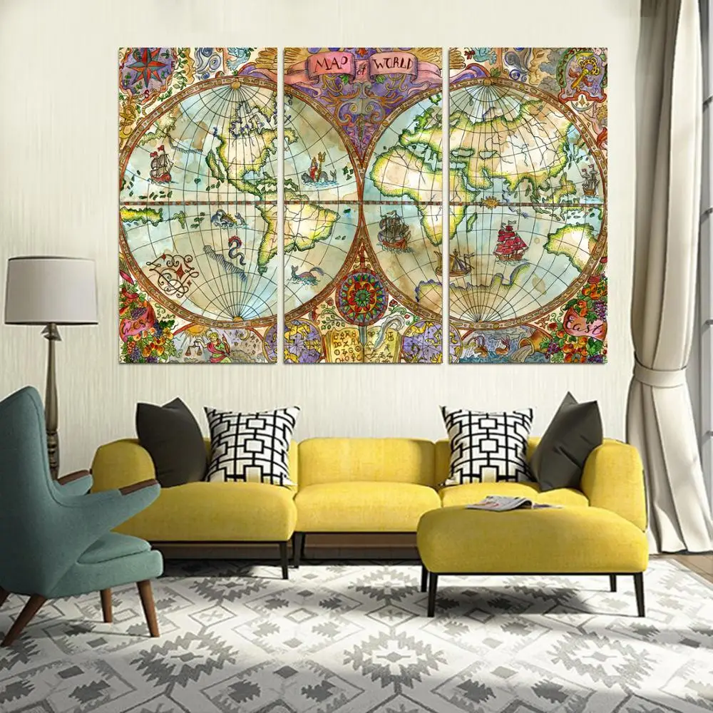 

Drop shipping 3 Panel printed painting Map painting Wall Art Picture Home Decoration Living Room Modern painting LS712