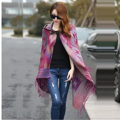 Женская накидка-пончо в клетку с богемным воротником шерстяная шаль-шарф |