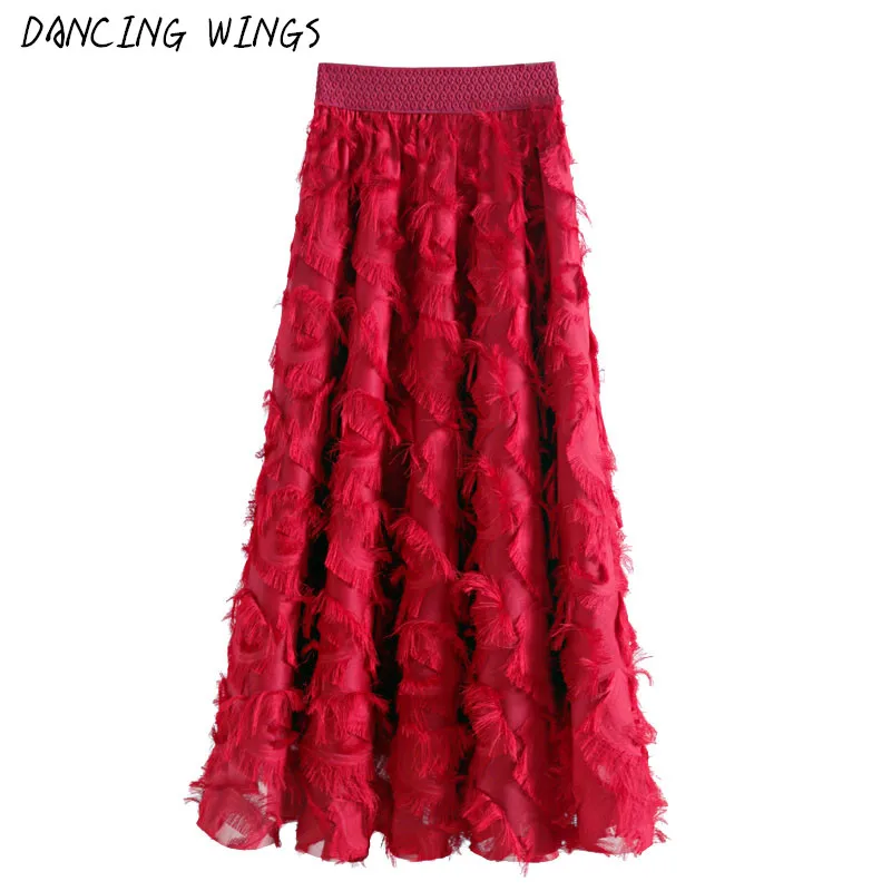 Красный Autumn Winter Feather Tassel Skirts Ankle Length Chiffon Long Skirts For Women Elastic High Waist TuTu Skirt Saias - Цвет: Красный