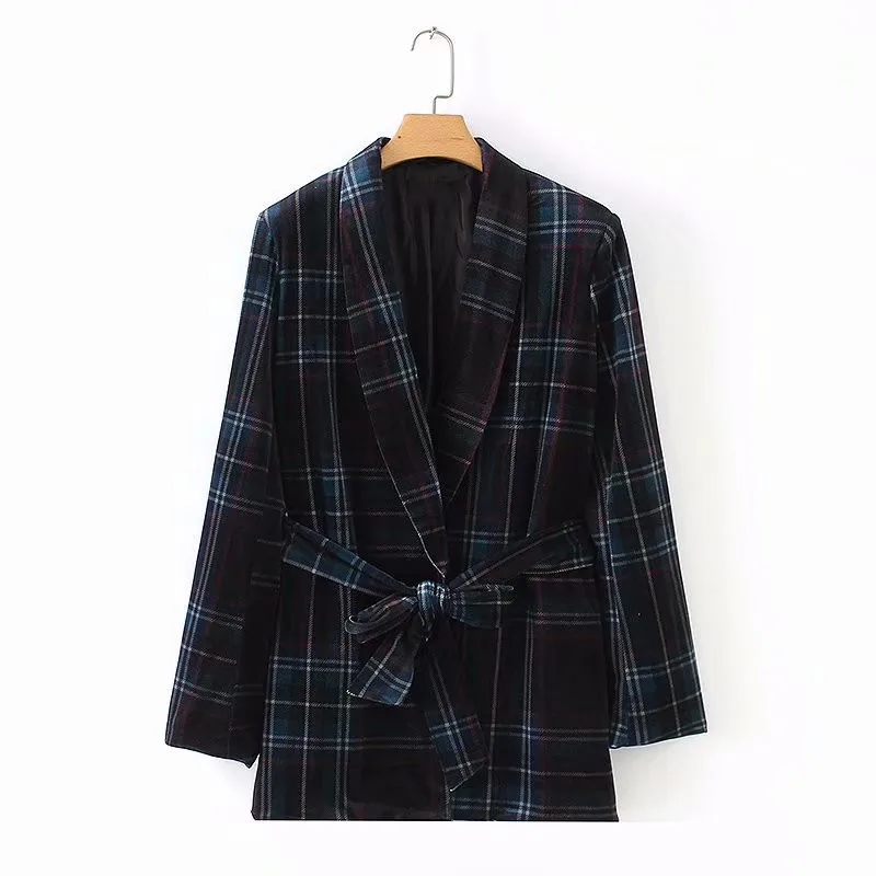 Women Velvet Checked Blazer Elegant Plaid Coat Long Sleeve Bow Tied Belt Female Outerwear Office Ladies Work Suit Tops | Женская одежда