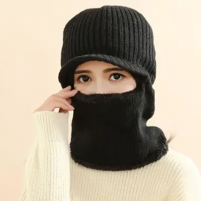 Зимняя вязаная шапка бини мужской шарф Skullies вязаные шапочки зимние, шапки для женщин мужские шапки брендовые маска капота брендовые кепки - Цвет: black