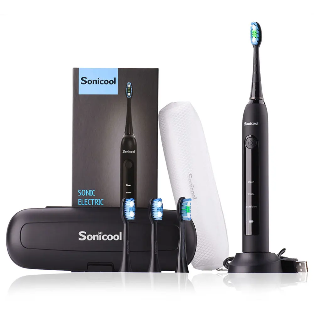 Black Sonicool электрическая ультразвуковая зубная щетка USB перезаряжаемая зубная щетка с 4 шт. DuPont Сменные зубные головки - Цвет: Black