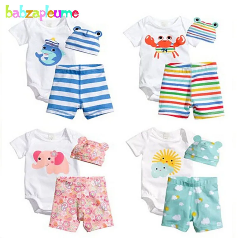 3PCS/0-18Months/Summer Newborn Rompers For Baby Girls Boys Clothes Cartoon Cute Bodysuit+Shorts+Hats Infant Clothing Sets BC1090 | Детская