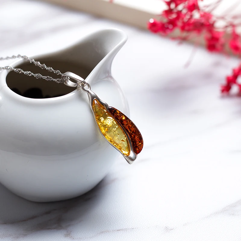JIUDUO 925 Sterling Silver Amber Pendant Necklace Classic Natural Women's Long Yellow and Red Necklaces | Украшения и