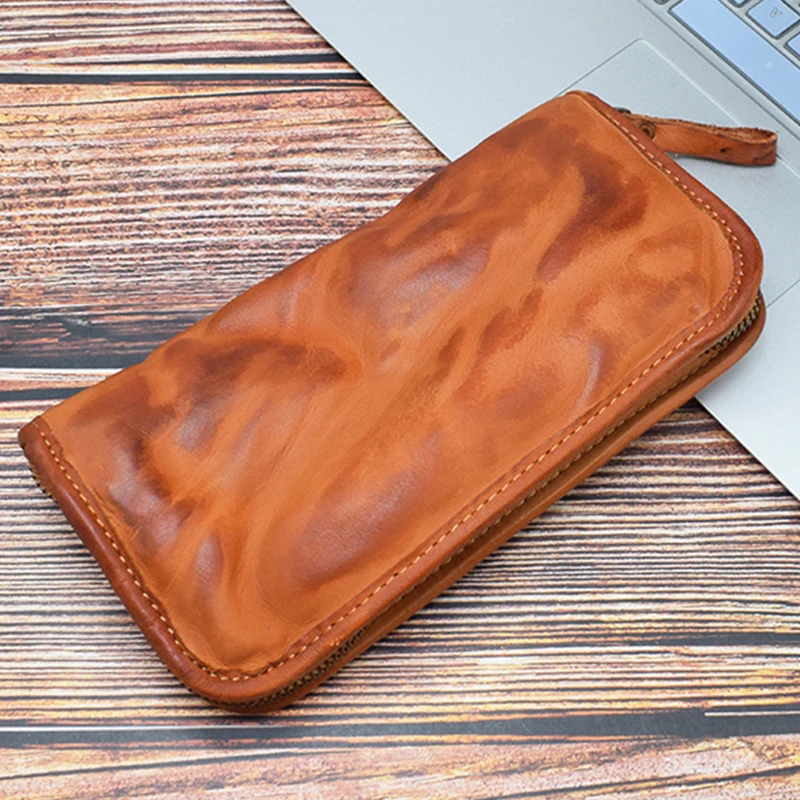 

Luxury Genuine Leather Long Wallet Clutch Bag Men Zipper Brand Designer Vintage Handmade Vegetable Tanned Cowhide Wallets Male