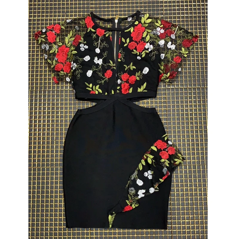 

Summer Dress 2019 Chic Short Sleeve Hand Embroidery Floral Mesh Bandage Dress Sexy Sheer Lace Celebrity Evening Party Vestidos