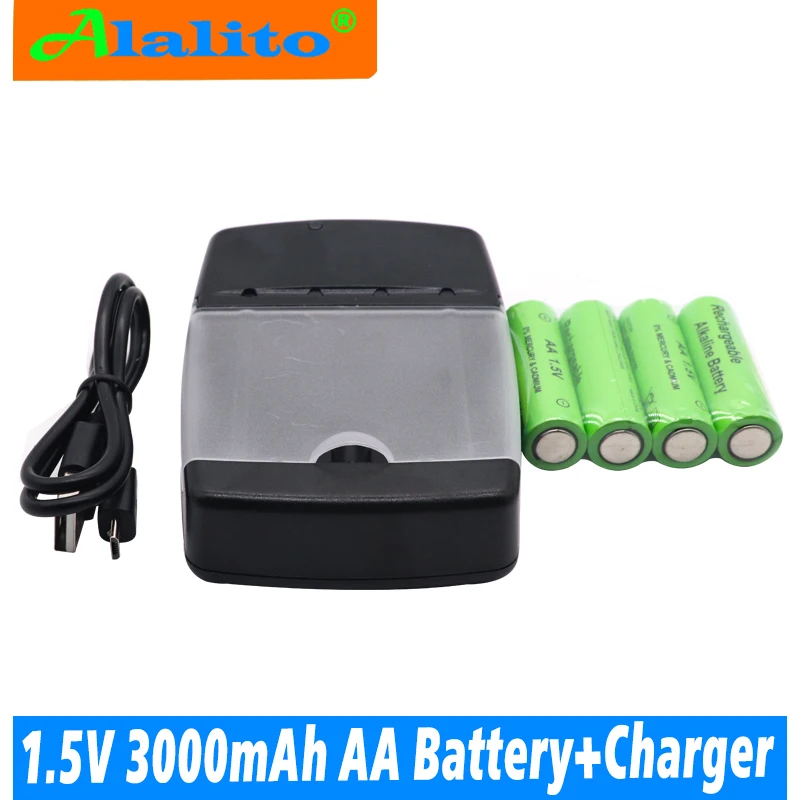 Черный Новая Щелочная перезаряжаемая батарея AA 3000mah 1,5 V, светодиодный светильник, электрический игрушечный аккумулятор и щелочное зарядное устройство - Цвет: Черный