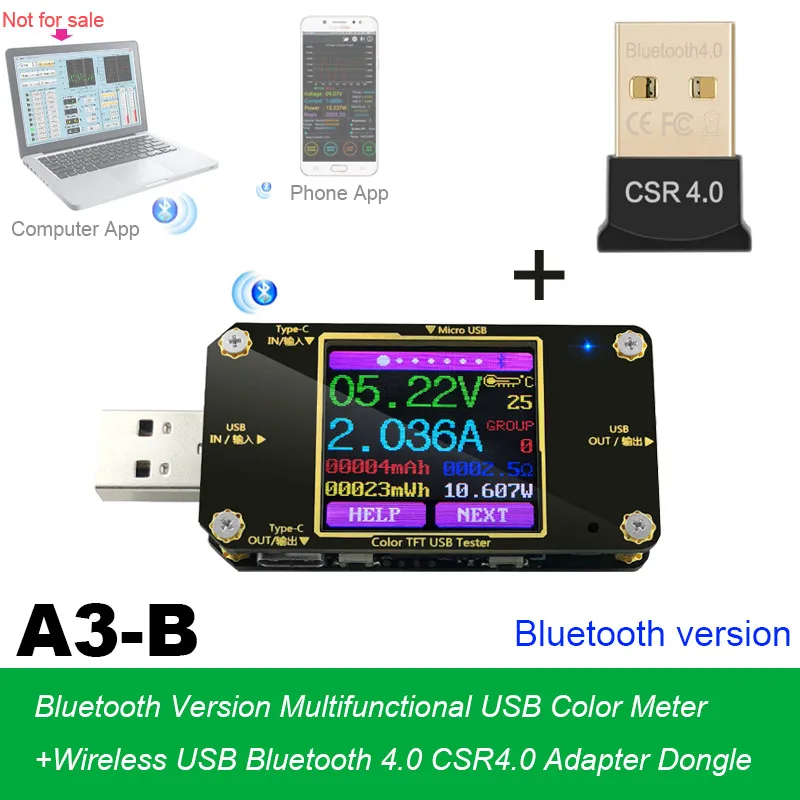 

USB and Type-c tester Wireless Bluetooth DC Digital voltmeter current voltage meter detector + Wireless Bluetooth Adapter Dongle