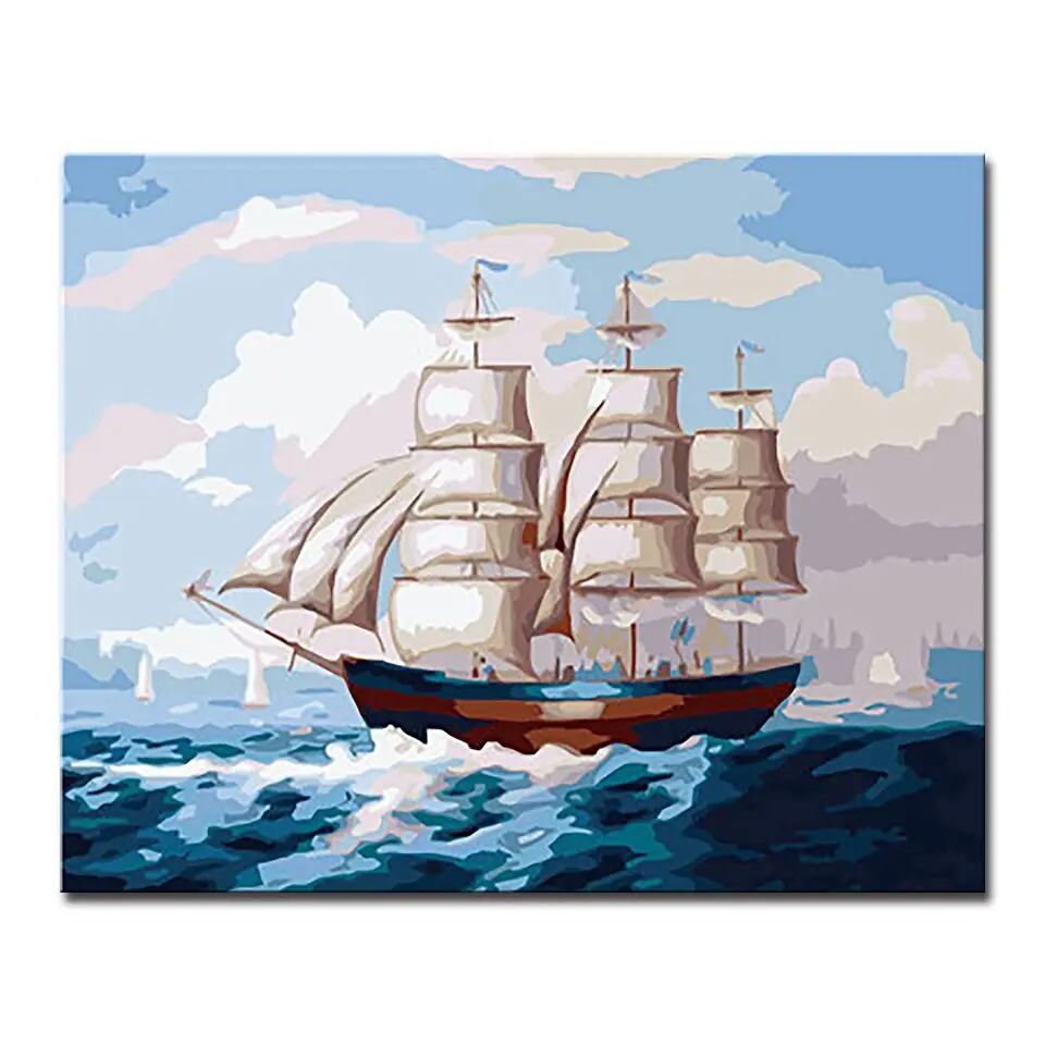 Парусная лодка живопись по номерам DIY Рисунок морская волна масло холст домашний декор настенные художественные наборы раскраска корабль морской пейзаж картины в рамке - Цвет: E158
