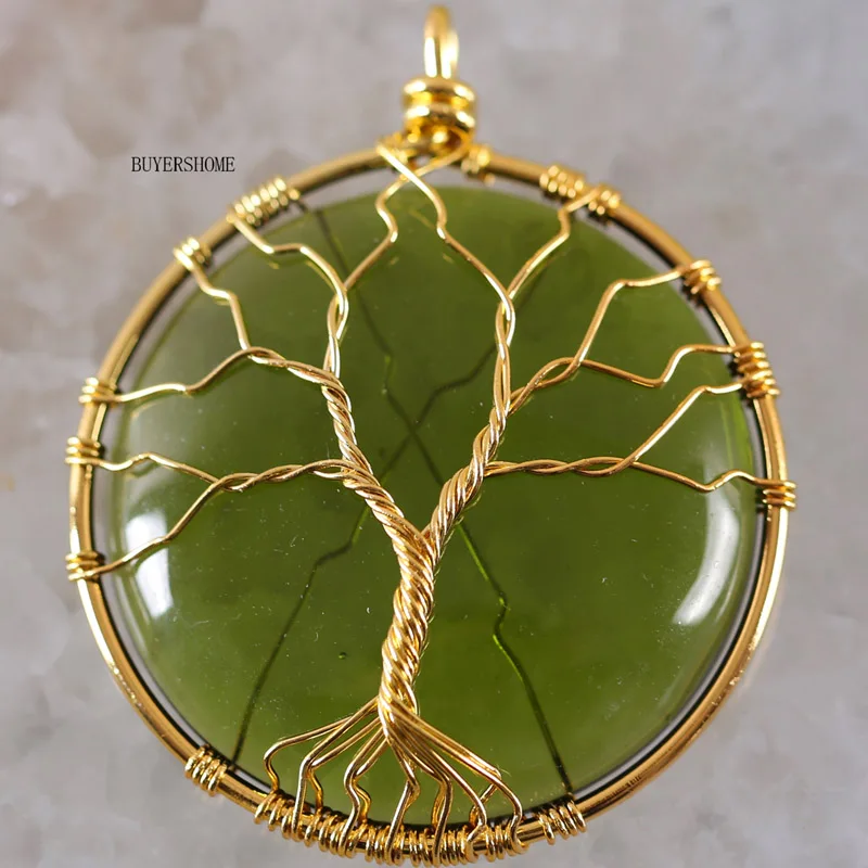 Green Crystal "Древо жизни" проволочный обруч медь натуральный круглый Абалон раковина Опал Кристалл зеленый авантюрин оникс Родонит тигровый глаз кулон 1 шт - Окраска металла: Green Crystal