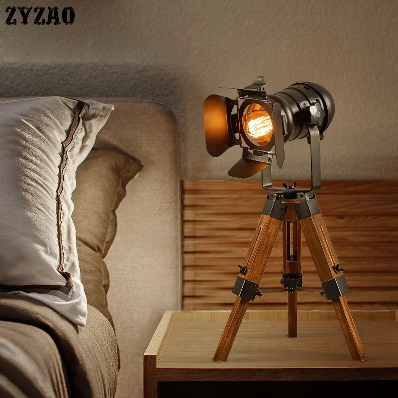 Винтажная потолочная настольная лампа в стиле лофт железная деревянная