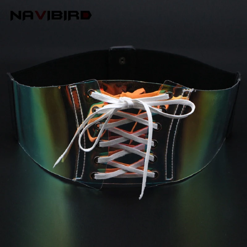 Женские широкие ремни со шнуровкой Мода 2018 осень голографический корсет из пвх