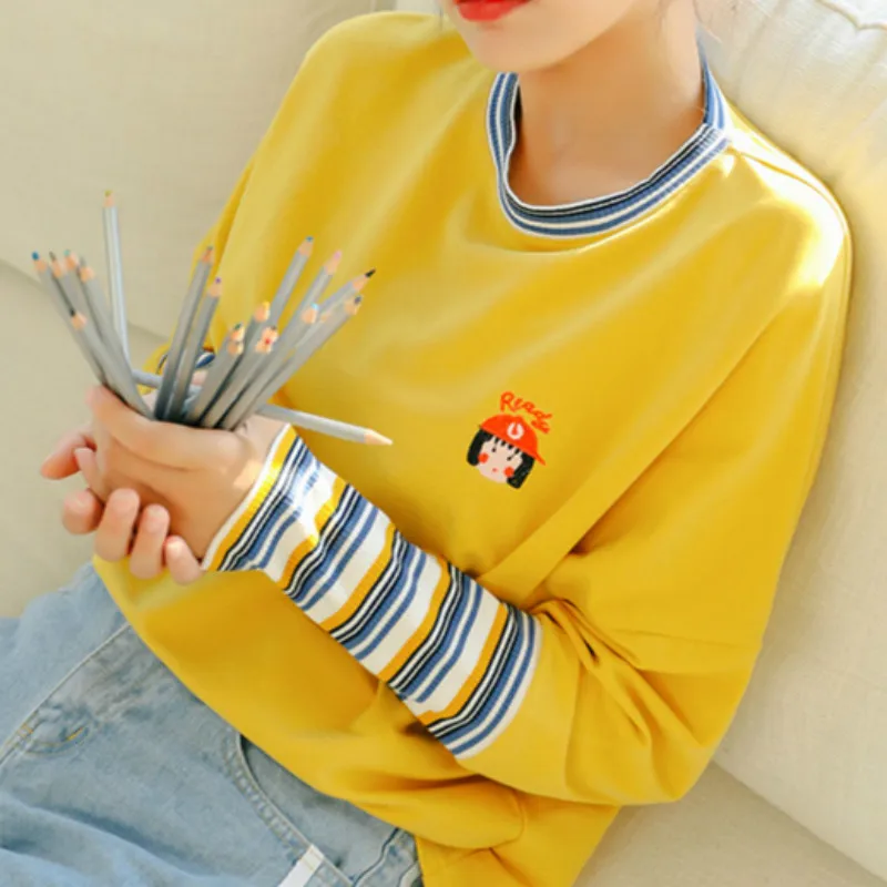 

Japanese Preppy Style Long Sleeve Stitching Women Tops T-shirt Autumn Korean Fashion Loose Cartoon Print T shirt Schoolgirl M220