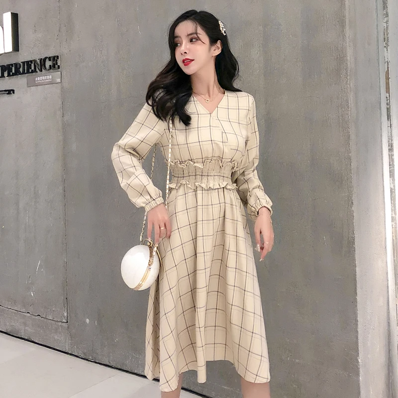 2019 новая весенняя модная женская одежда клетчатая печать оборки v-образным