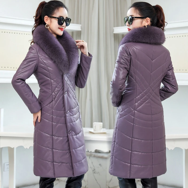 Зимние пуховики для женщин 2018 Высококачественная кожаная куртка пальто плотный