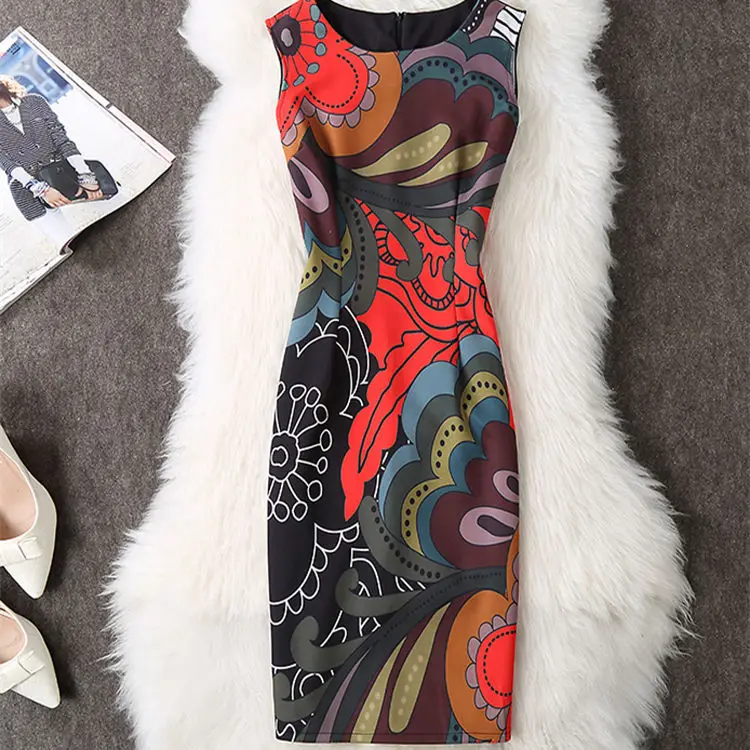 Soperwillton, летнее женское платье, для офиса, с принтом, карандаш, Vestidos, бодикон, с круглым вырезом, повседневное, без рукавов, женские платья# A767 - Цвет: 15