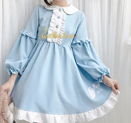 blue long sleeve Платье Лолиты для девочек, карнавальный костюм аниме, милое платье с коротким/длинным рукавом и кукольным воротником в стиле Лолиты для колледжа, летнее/осеннее платье для женщин - Color: blue long sleeve
