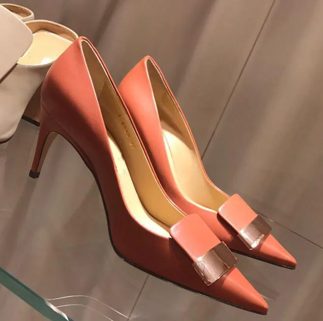 

Carpaton 2019 новейшие кожаные туфли на высоком каблуке женские туфли-лодочки с острым носком пикантные офисные женские туфли на шпильке оранжев...