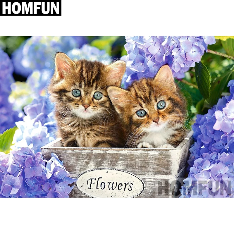 

Алмазная 5D Вышивка HOMFUN A03987, полноразмерная/круглая картина «Кот, цветок», вышивка крестиком, домашний декор, подарок