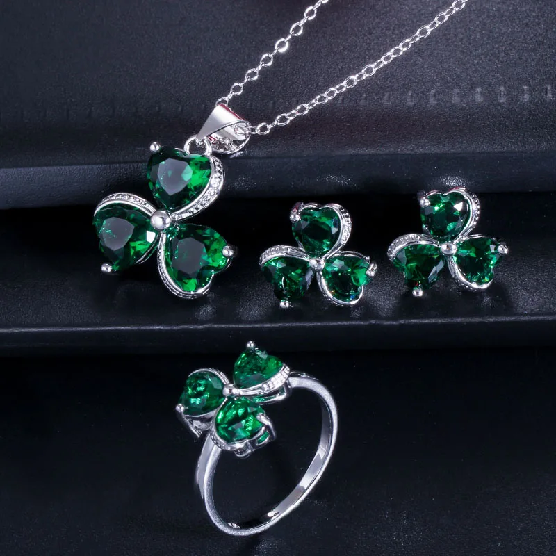 green CWWZircons Милая любовь сердце форма микс фиолетовый розовый кубический цирконий камень кольца ожерелье серьги Модный Дамский ювелирный набор T329 - Окраска металла: green
