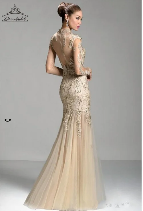 Mermaid Evening Dresses Appliques Beading Floor Length Tulle Zipper Hollow Long Sleeve Formal Prom Pagent Gowns Custom Made | Свадьбы и