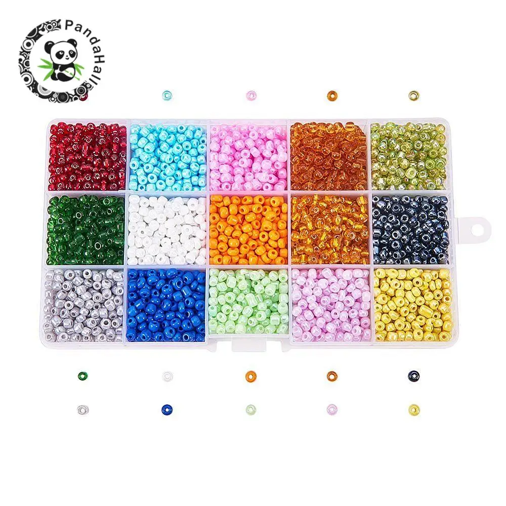 

1 Box 15 Color 6/0 Glass Seed Beads, Mixed Color, 4mm, Hole: 1mm; about 390pcs/compartment, 5850pcs/box