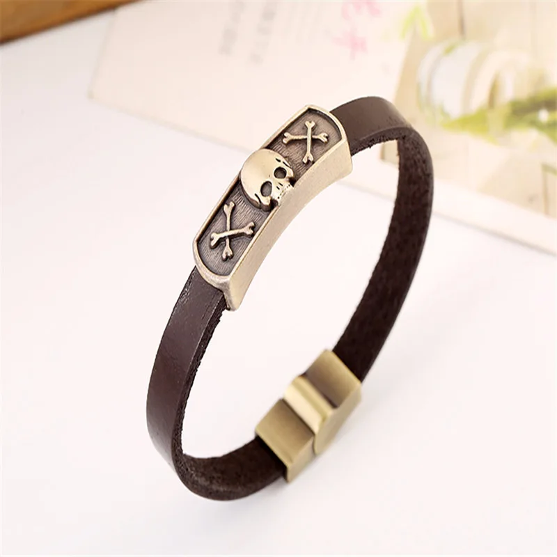New Arrival Brown Leather Bone Skull Bracelets Zinc Alloy Skeleton Wrist Band for Fashion Male Female Viking Pirates Jewelry | Украшения и