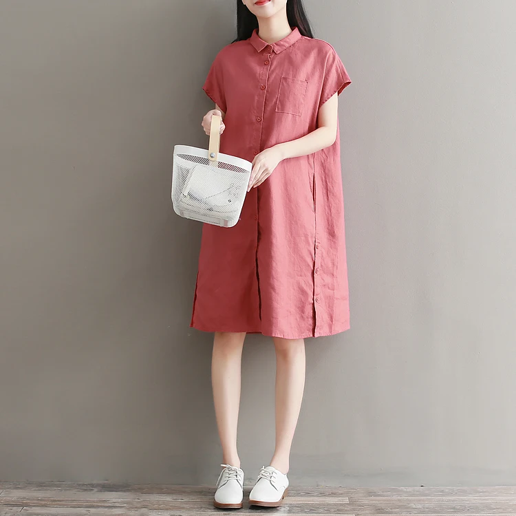 Women Fashion Retro Dresses Loose Short Sleeve Cotton And Linen Summer Shirt Dress Vintage Knee-Length Vestidos De Fiesta | Женская