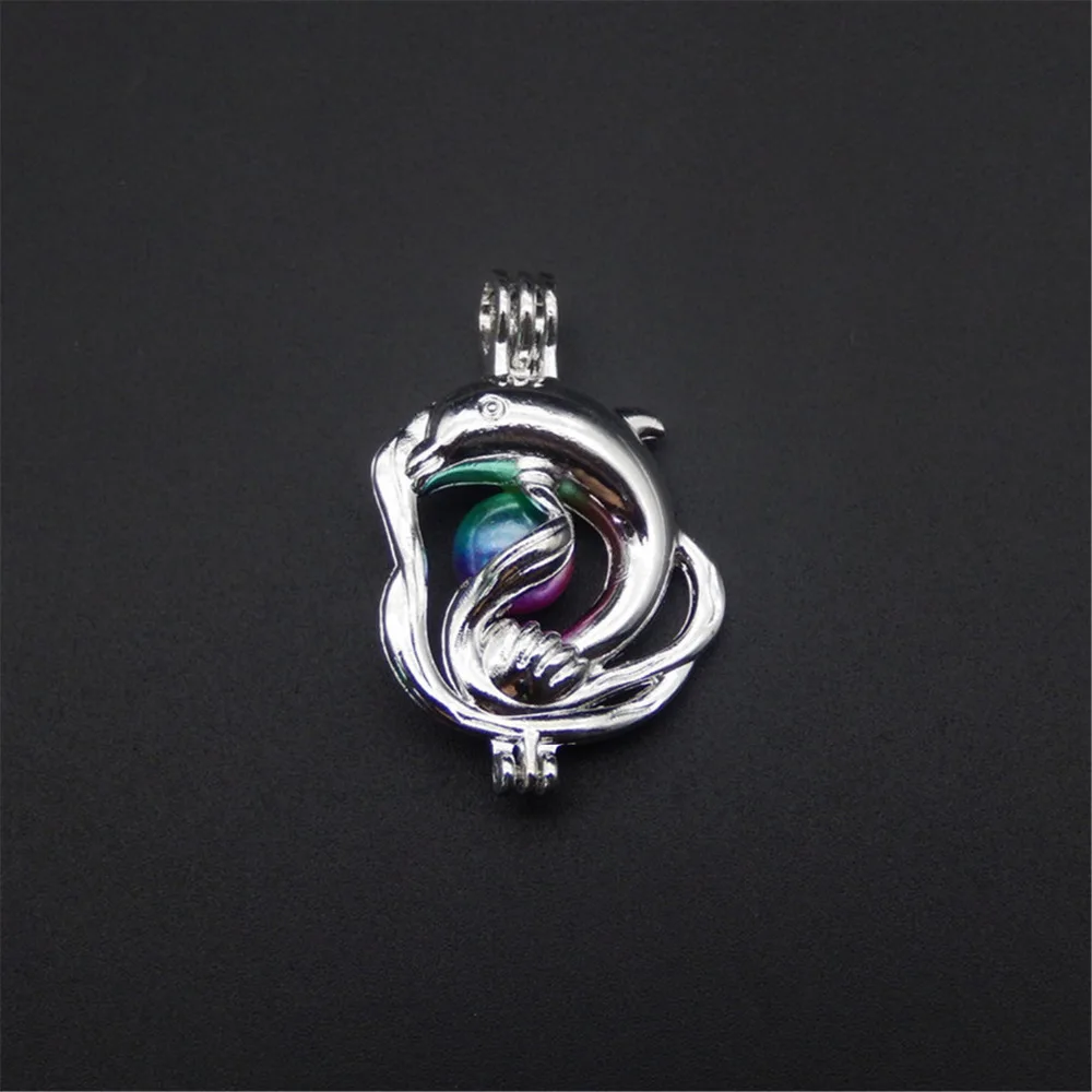 

10pcs bright silver dolphin pearl cage necklace pendant, aromatherapy oil diffuser add your own pearl to make it more attractive