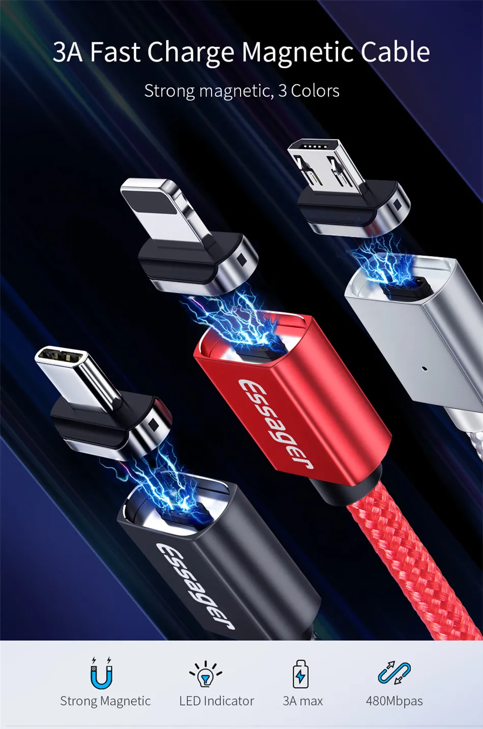 3 шт. Магнитный Micro USB кабель Essager для зарядки iPhone samsung Магнитный USB Порт Магнитный адаптер зарядное устройство для IOS Android type C