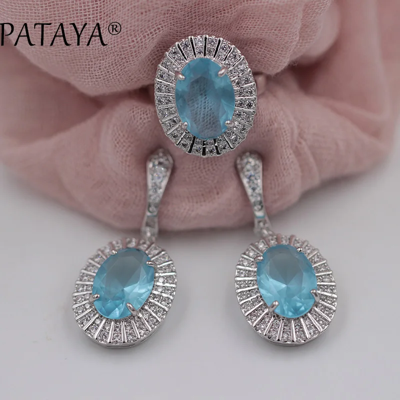 PATAYA, новинка, Овальный гранат, красный Природный Цирконий, большие серьги, наборы колец, Настоящее Белое золото, ювелирные изделия для женщин, Свадебный Модный комплект украшений - Окраска металла: blue