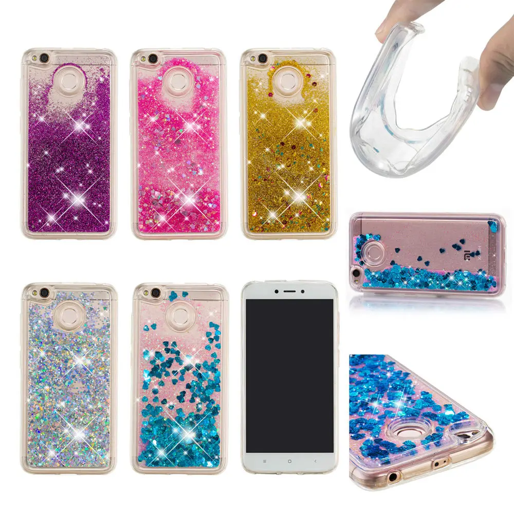 Quicksand Phone Case for Xiaomi Redmi 4X 4 X Dynamic Liquid Love Heart Soft TPU Back Cover X4 Red mi |