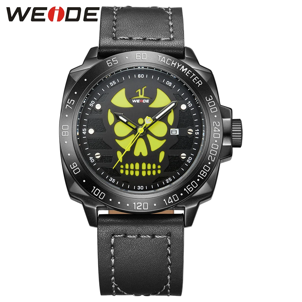 WEIDE Black Watch Men Casual Leather Strap Quartz Yellow Dial Analog Display Water Resistant Big Fashion High Quality Male Clock | Наручные