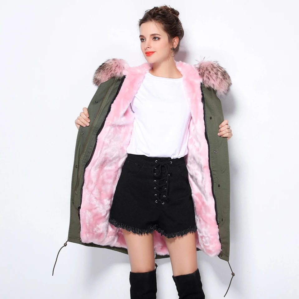 Женское зимнее пальто Furlove армейское зеленое плотное с капюшоном и воротником из