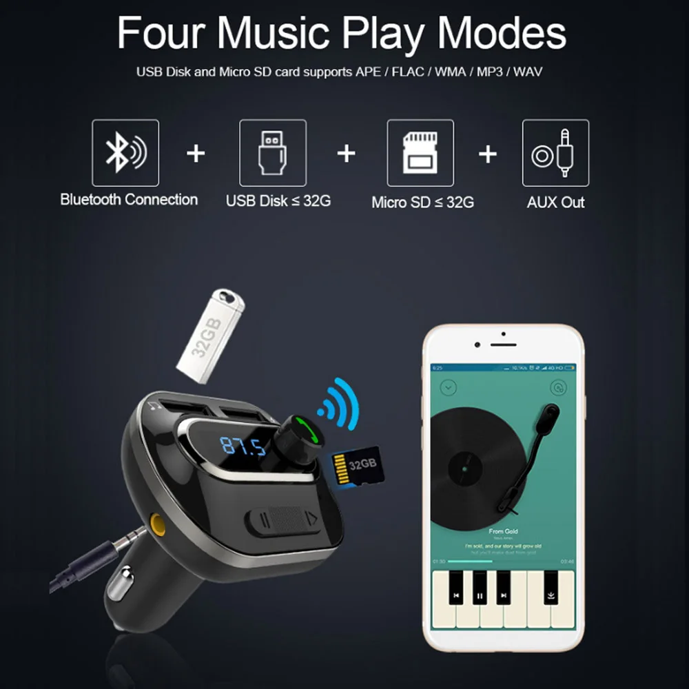 AGETUNR T19 Bluetooth 4 1 автомобильный комплект громкой связи MP3 плеер fm передатчик 2 USB 5V 3.4A