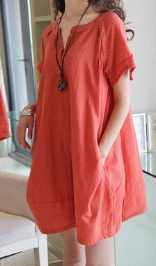 Женское Хлопковое платье с V-образным вырезом коротким рукавом и карманами |
