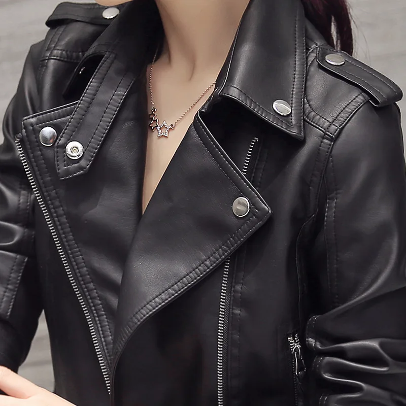 

Leather Jackets Women 2020 Spring Autumn Rivet Zipper Motorcycle Faux Leather Coat Female Paragraph Lapel PU Jacket