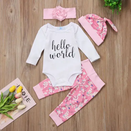Одежда для новорожденных девочек 4 предмета топы с надписью Hello World комбинезон +
