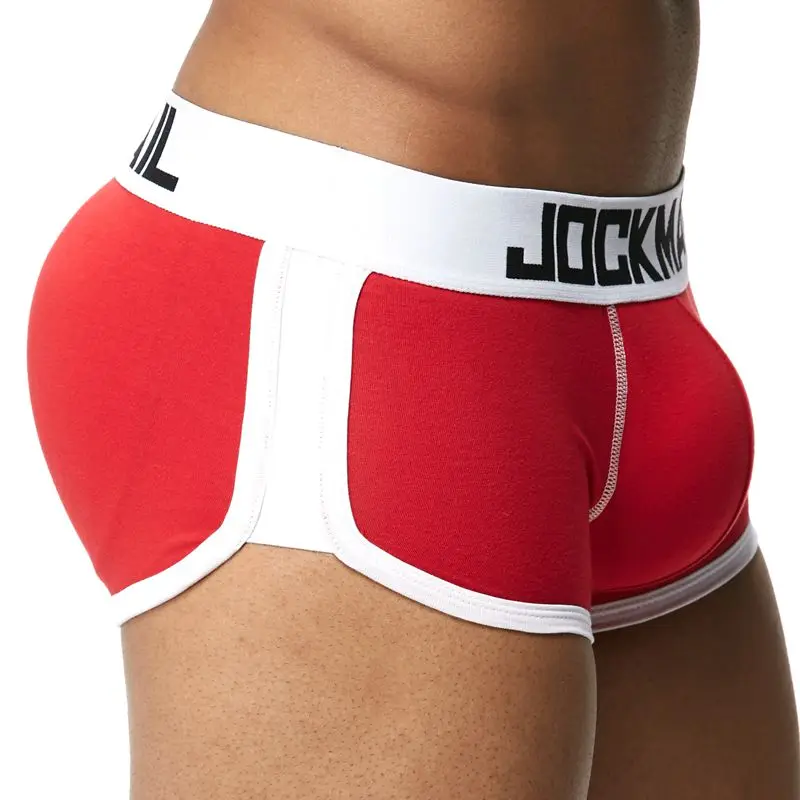 Красный JOCKMAIL, чашка для пениса, сексуальное нижнее белье для мужчин, боксер, с мешочком, пуш-ап, мягкие, мужские боксеры, шорты, хлопок, усиление выпуклости, трусы для мужчин - Цвет: Красный