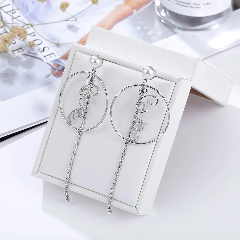 HanCheng новые модные круглые Висячие Серебряные длинные серьги со стразами